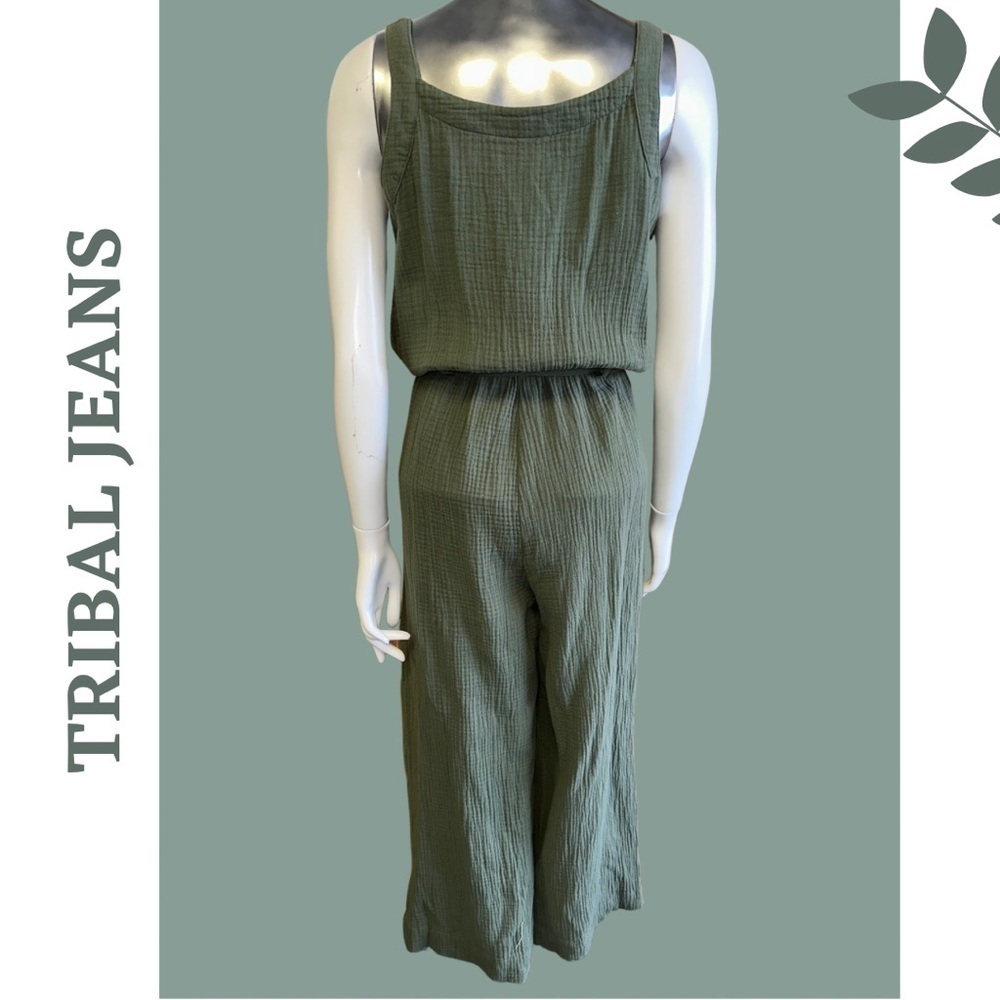 Tribal Crinkle Gauze Jumpsuit Button Front Tie Waist Fern Green Size XS - Picture 6 of 9